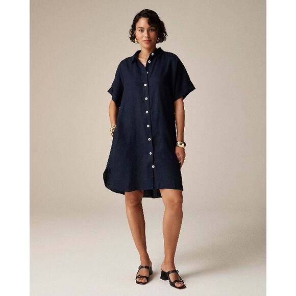 J.Crew Capitaine Shirtdress Women's XS Navy Blue Linen Button Front Short Sleeve - Picture 1 of 8